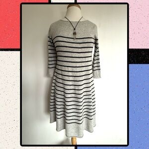 Autumn Cashmere 100% Cashmere Light Gray & Black Striped A-line 3/4 Sleeve dress